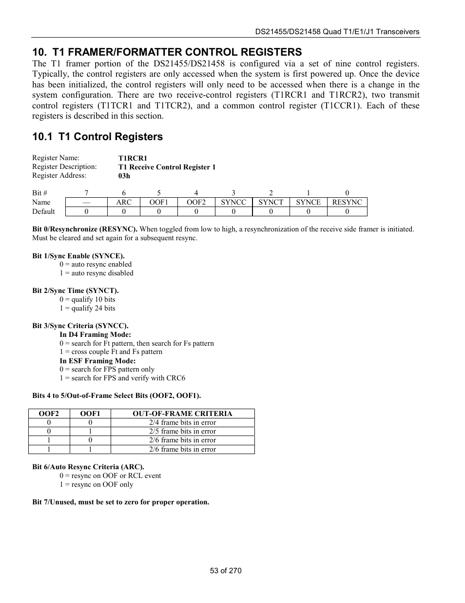 T1 framer/formatter control registers, T1 control registers, 1 t1 c | Ontrol, Egisters, 1 t1 control registers | Rainbow Electronics DS21458 User Manual | Page 53 / 270