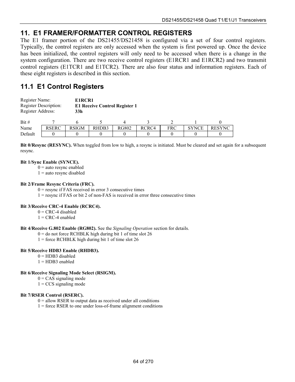 E1 framer/formatter control registers, E1 control registers, 1 e1 c | Ontrol, Egisters, 1 e1 control registers | Rainbow Electronics DS21458 User Manual | Page 64 / 270