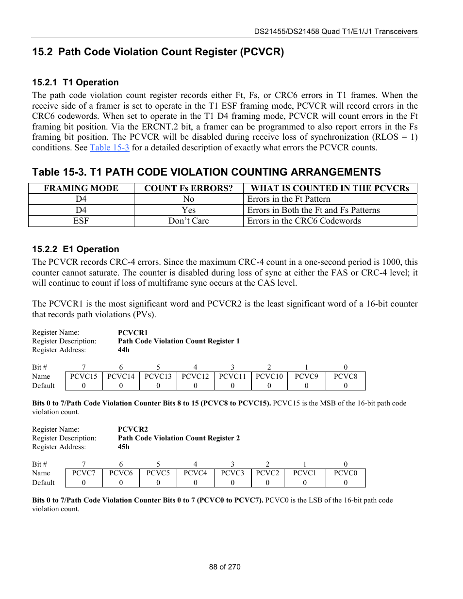 Path code violation count register (pcvcr), T1 operation, What is counted in the pcvcrs | E1 operation, Iolation, Ount, Egister, Pcvcr), 2 path code violation count register (pcvcr) | Rainbow Electronics DS21458 User Manual | Page 88 / 270