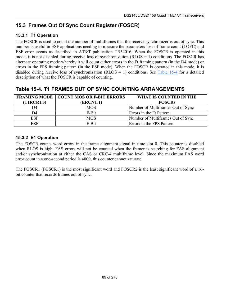 Frames out of sync count register (foscr), T1 operation, E1 operation | Rames, Ount, Egister, Foscr), 3 frames out of sync count register (foscr) | Rainbow Electronics DS21458 User Manual | Page 89 / 270