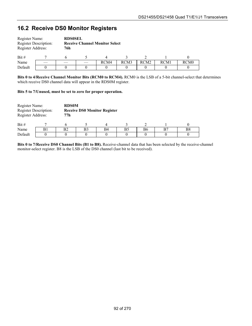 Receive ds0 monitor registers, Eceive, Ds0 m | Onitor, Egisters, 2 receive ds0 monitor registers | Rainbow Electronics DS21458 User Manual | Page 92 / 270