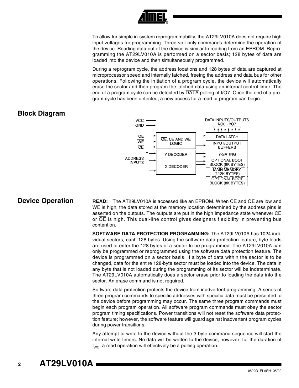 Block diagram, Device operation, Block diagram device operation | Rainbow Electronics AT29LV010A User Manual | Page 2 / 15