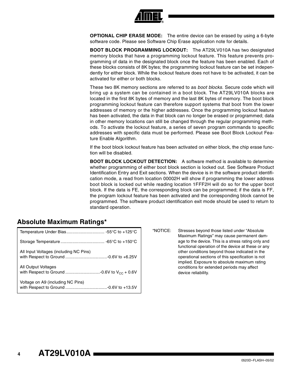 Absolute maximum ratings | Rainbow Electronics AT29LV010A User Manual | Page 4 / 15