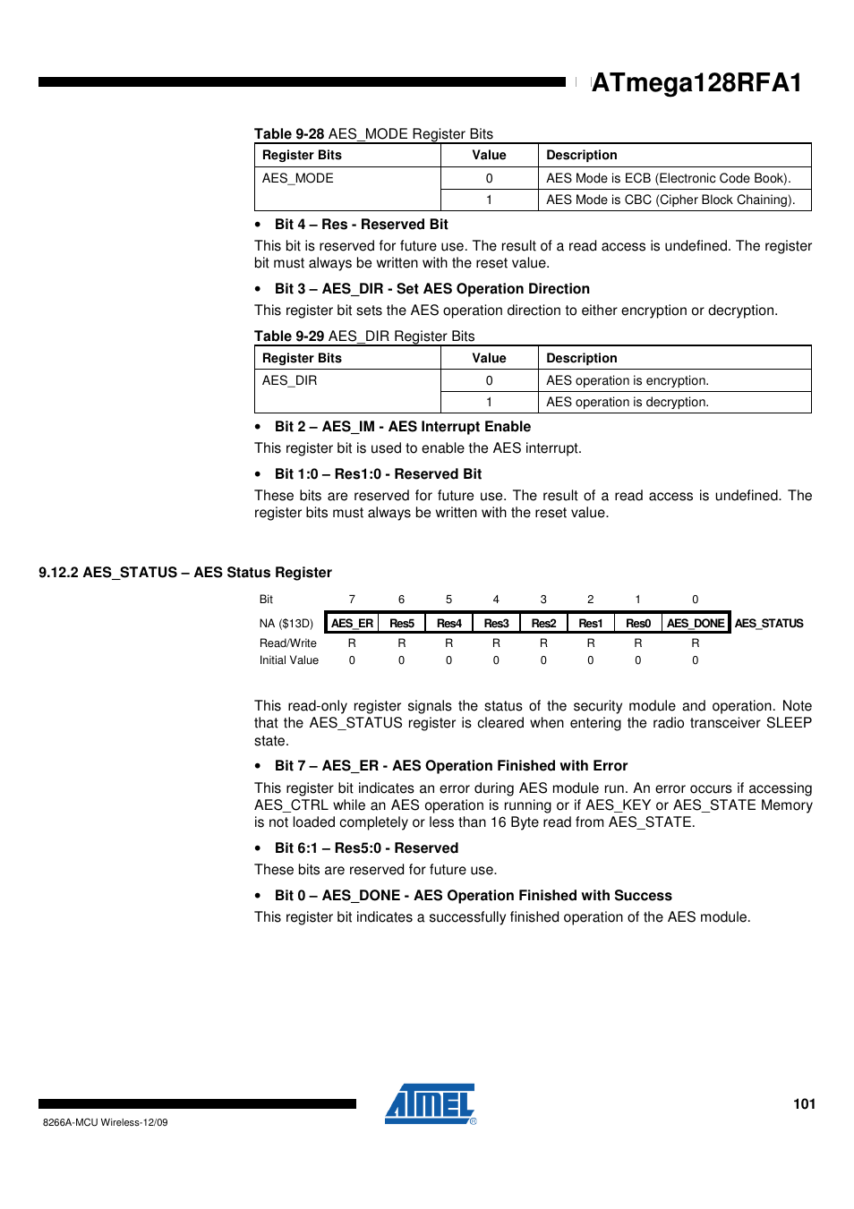 2 aes_status - aes status register, Atmega128rfa1 | Rainbow Electronics ATmega128RFA1 User Manual | Page 101 / 524