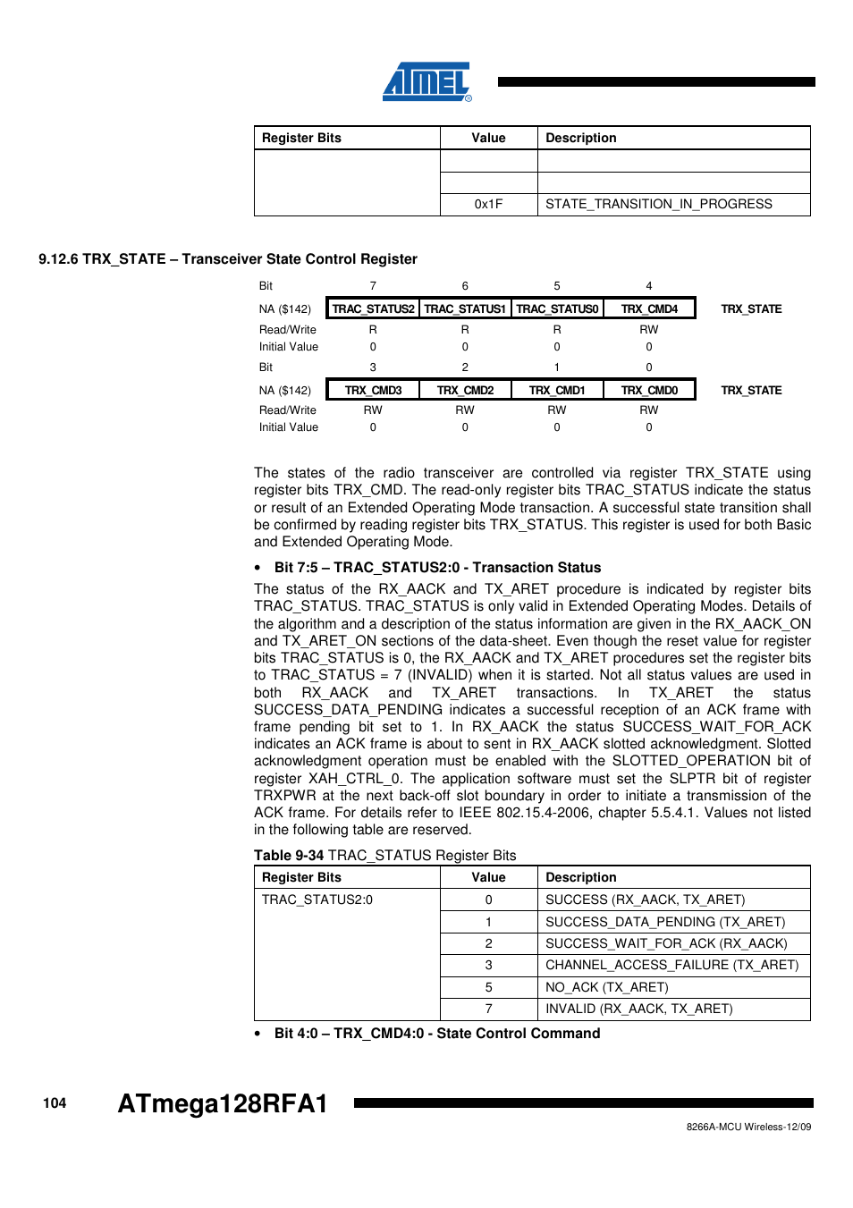 6 trx_state - transceiver state control register, Atmega128rfa1 | Rainbow Electronics ATmega128RFA1 User Manual | Page 104 / 524