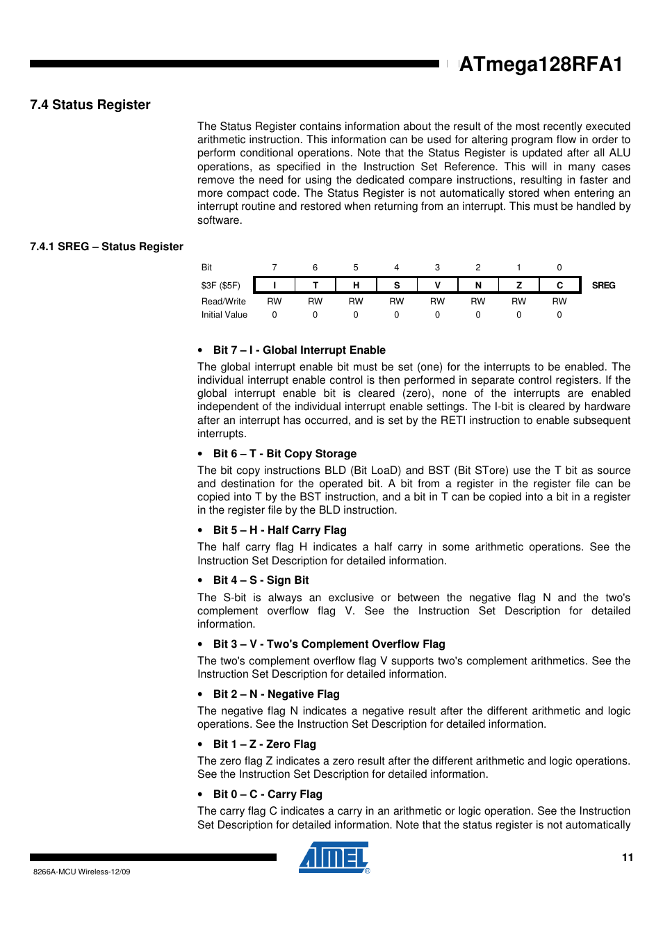 4 status register, 1 sreg - status register, Atmega128rfa1 | Rainbow Electronics ATmega128RFA1 User Manual | Page 11 / 524