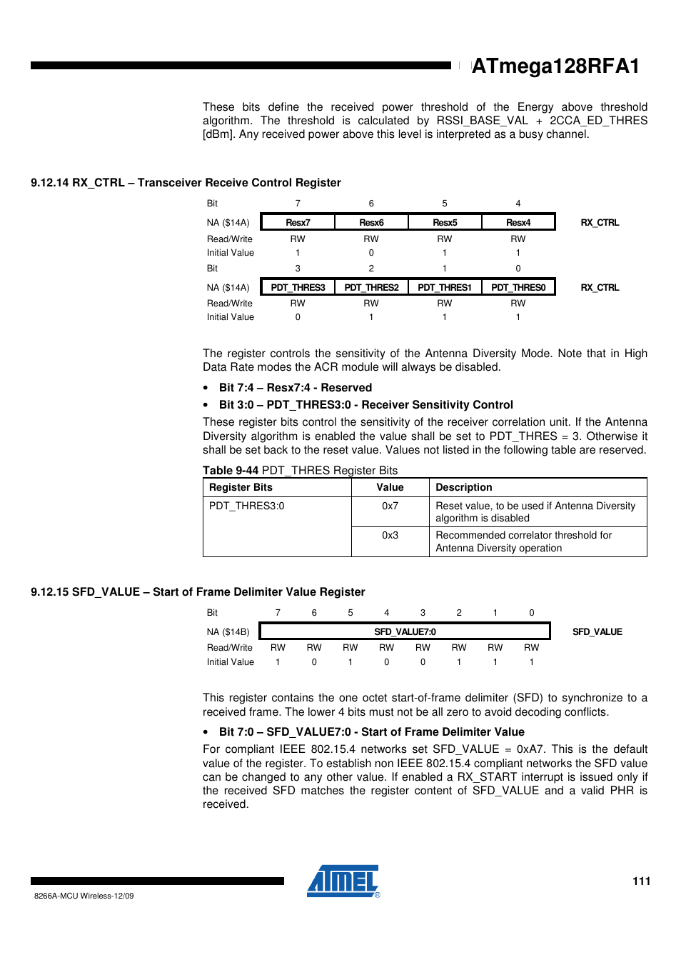 14 rx_ctrl - transceiver receive control register, Atmega128rfa1 | Rainbow Electronics ATmega128RFA1 User Manual | Page 111 / 524