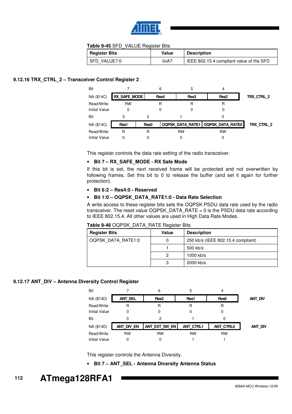 16 trx_ctrl_2 - transceiver control register 2, 17 ant_div - antenna diversity control register, Atmega128rfa1 | Rainbow Electronics ATmega128RFA1 User Manual | Page 112 / 524
