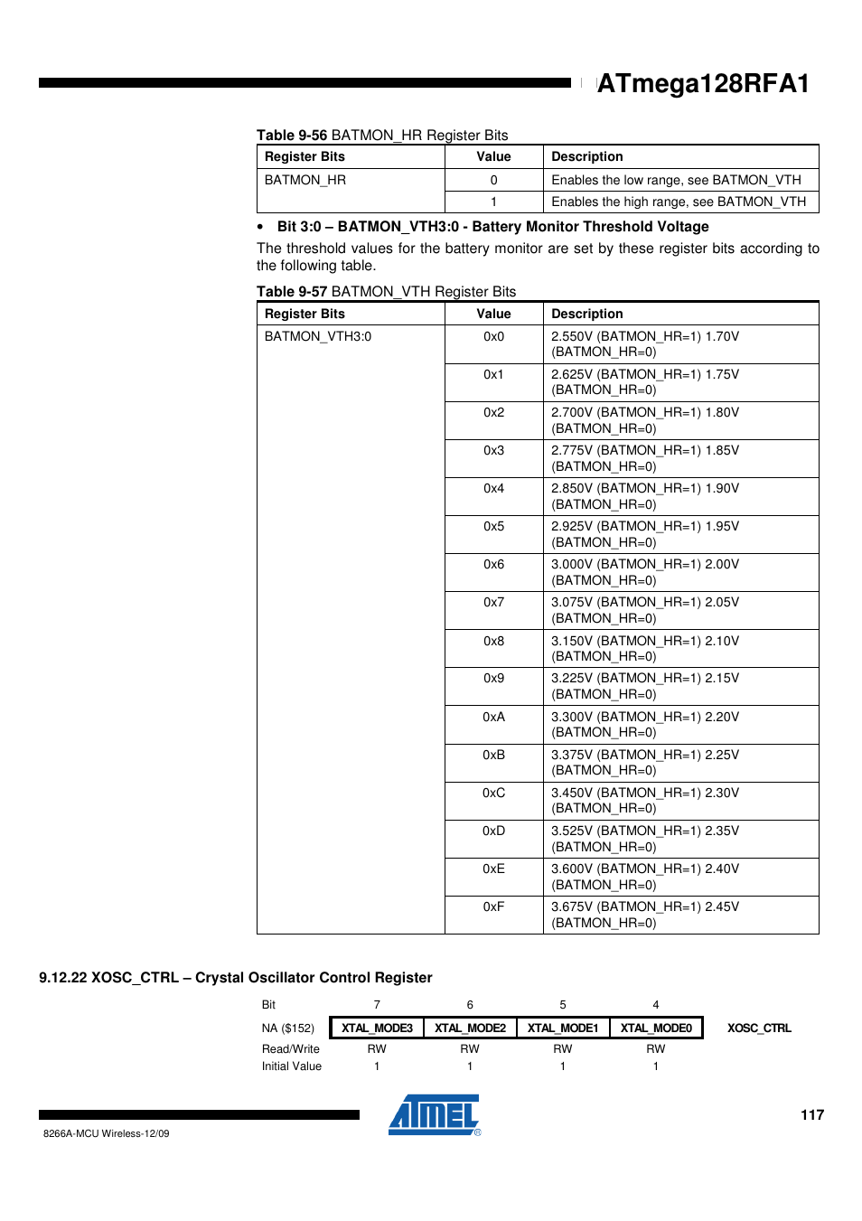 22 xosc_ctrl - crystal oscillator control register, Atmega128rfa1 | Rainbow Electronics ATmega128RFA1 User Manual | Page 117 / 524