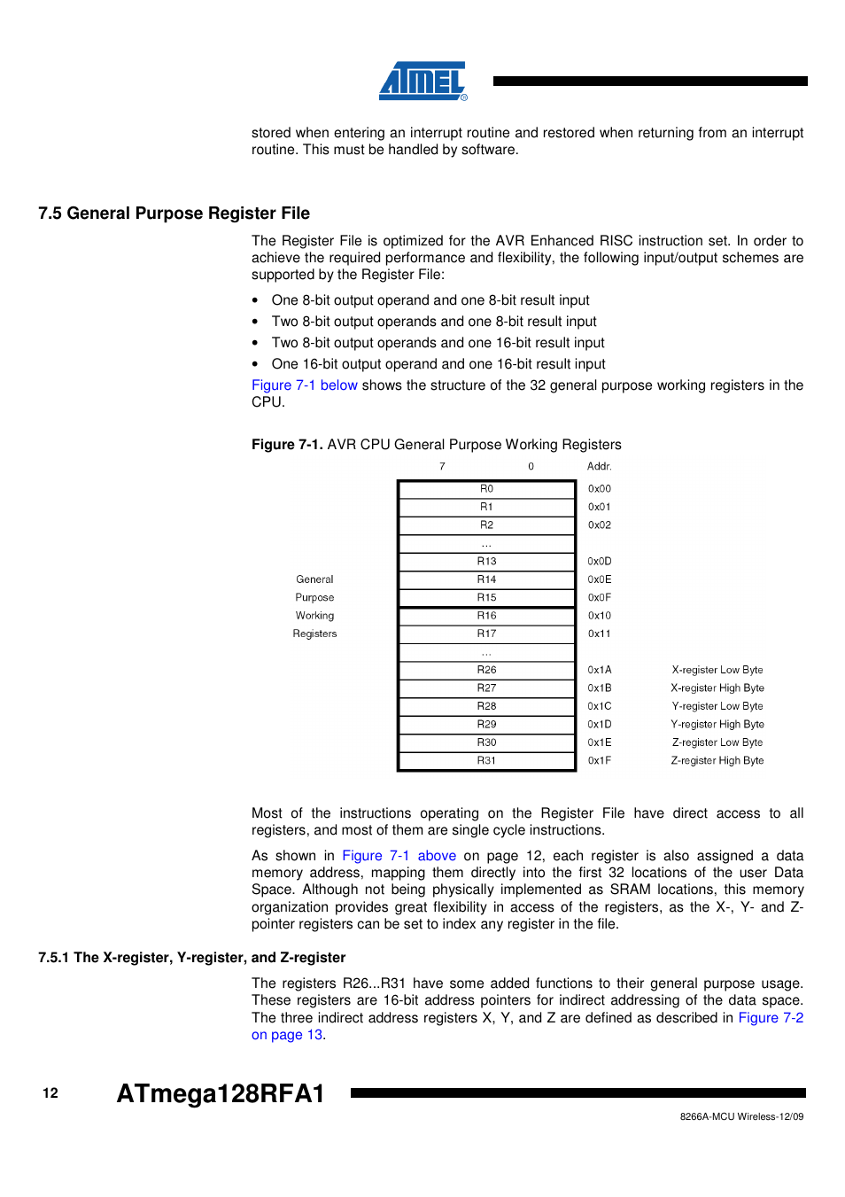 5 general purpose register file, 1 the x-register, y-register, and z-register | Rainbow Electronics ATmega128RFA1 User Manual | Page 12 / 524