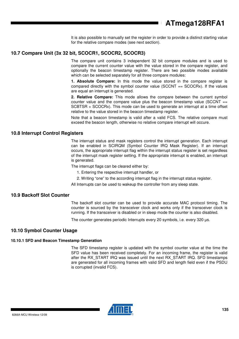 7 compare unit (3x 32 bit, scocr1, scocr2, scocr3), 8 interrupt control registers, 9 backoff slot counter | 10 symbol counter usage, 1 sfd and beacon timestamp generation, Sfd and beacon timestamp generation" on | Rainbow Electronics ATmega128RFA1 User Manual | Page 135 / 524