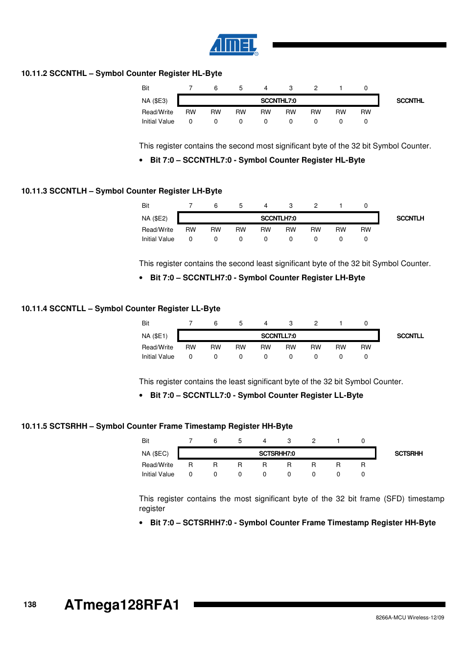 2 sccnthl - symbol counter register hl-byte, 3 sccntlh - symbol counter register lh-byte, 4 sccntll - symbol counter register ll-byte | Atmega128rfa1 | Rainbow Electronics ATmega128RFA1 User Manual | Page 138 / 524