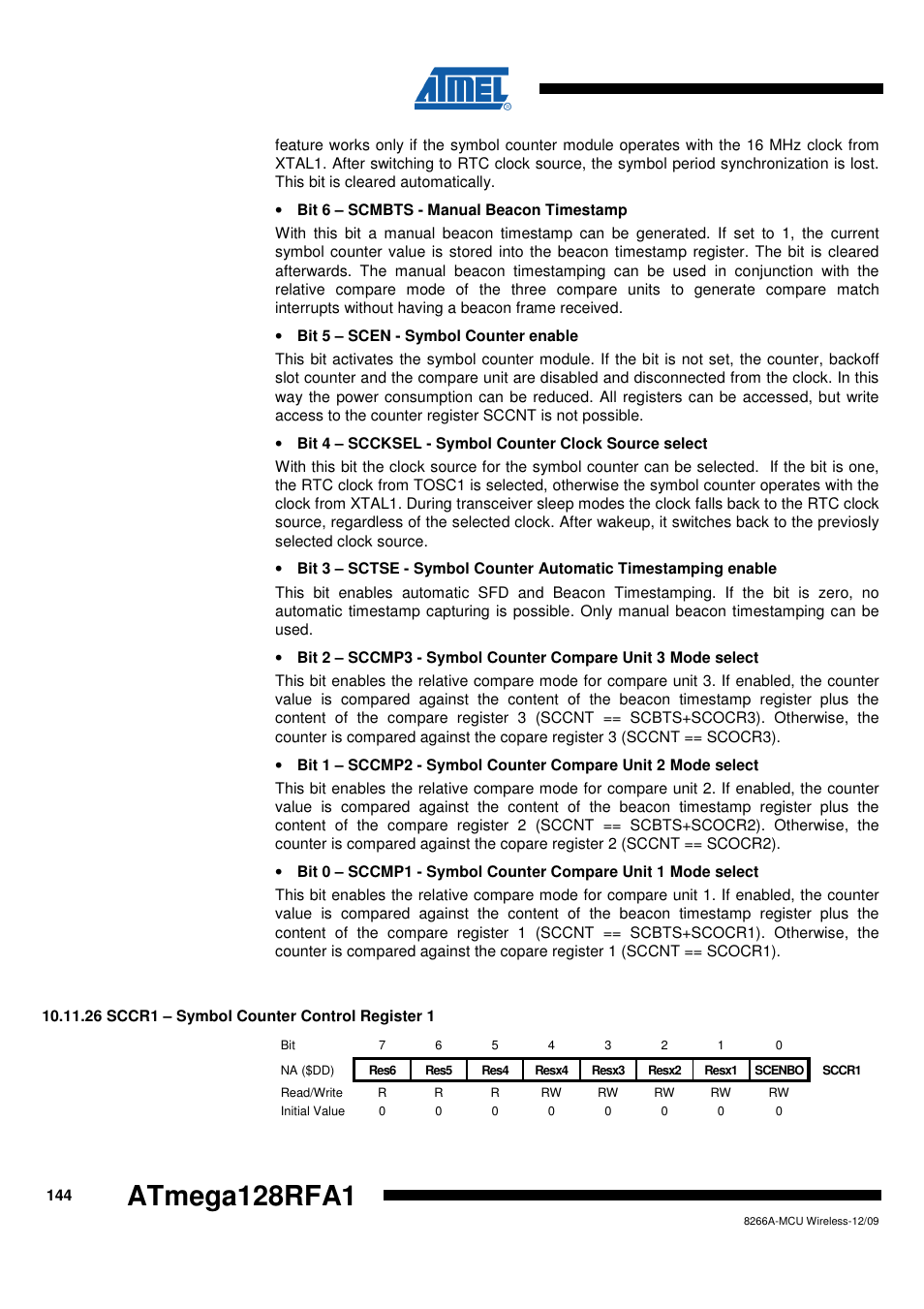 26 sccr1 - symbol counter control register 1, Atmega128rfa1 | Rainbow Electronics ATmega128RFA1 User Manual | Page 144 / 524
