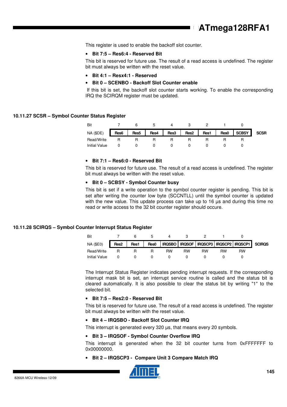 27 scsr - symbol counter status register, Atmega128rfa1 | Rainbow Electronics ATmega128RFA1 User Manual | Page 145 / 524