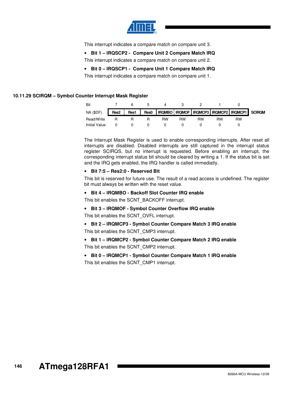 29 scirqm - symbol counter interrupt mask register, Atmega128rfa1 | Rainbow Electronics ATmega128RFA1 User Manual | Page 146 / 524