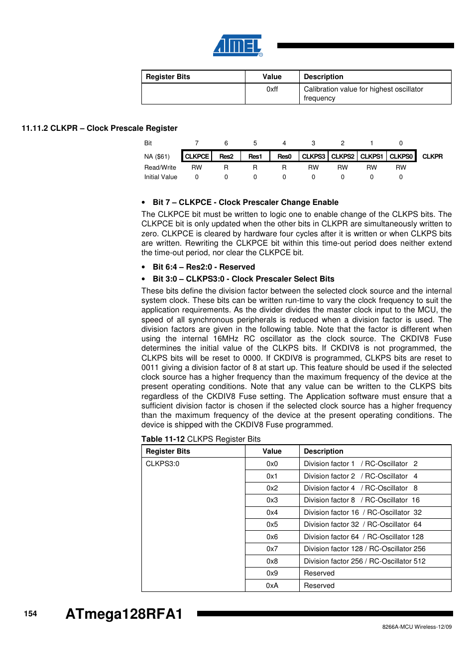 2 clkpr - clock prescale register, Clkpr, Atmega128rfa1 | Rainbow Electronics ATmega128RFA1 User Manual | Page 154 / 524