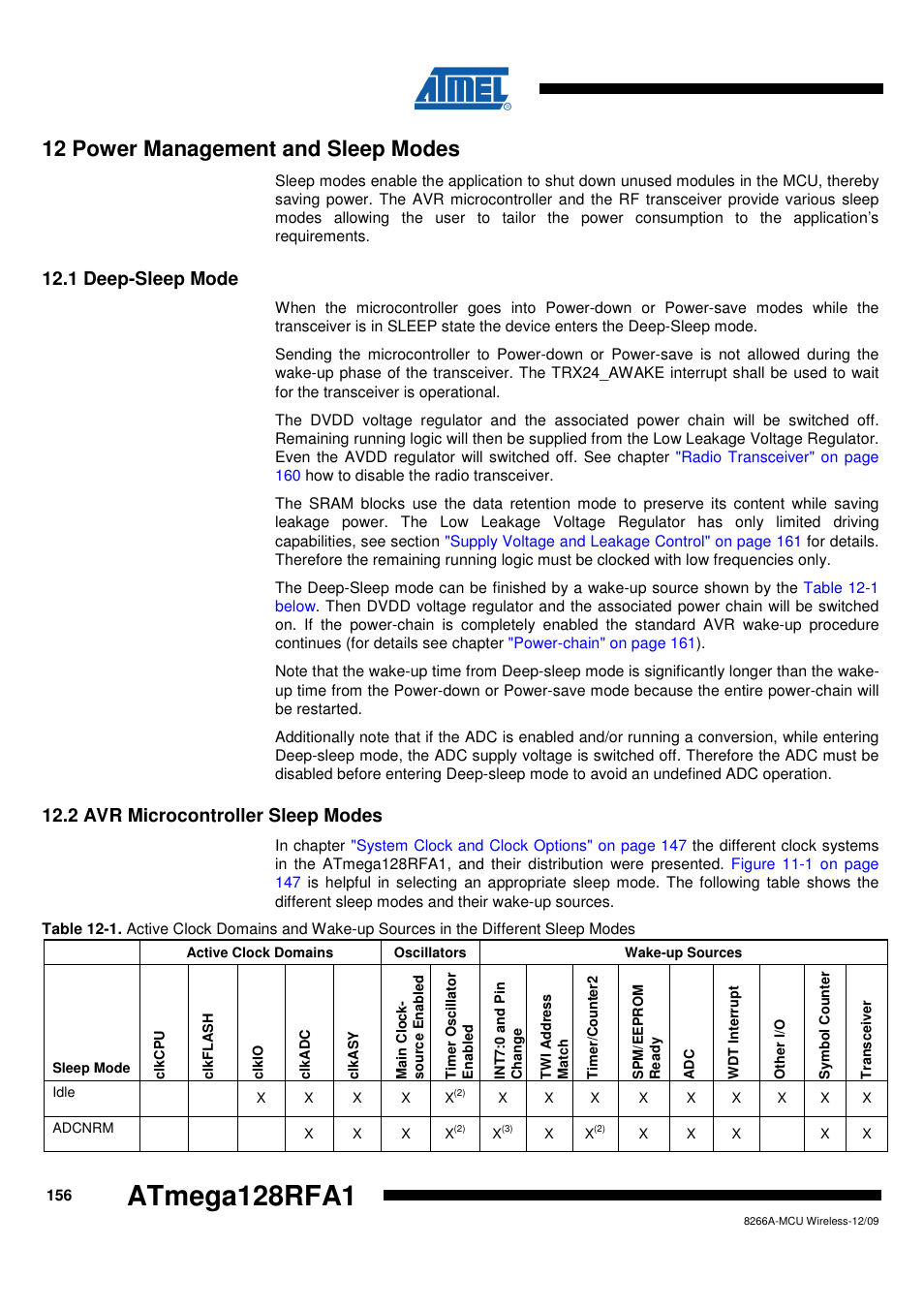 12 power management and sleep modes, 1 deep-sleep mode, 2 avr microcontroller sleep modes | Power management and sleep modes, Atmega128rfa1 | Rainbow Electronics ATmega128RFA1 User Manual | Page 156 / 524