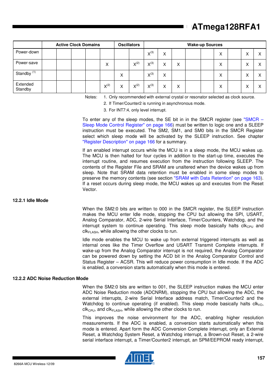 1 idle mode, 2 adc noise reduction mode, Atmega128rfa1 | Rainbow Electronics ATmega128RFA1 User Manual | Page 157 / 524