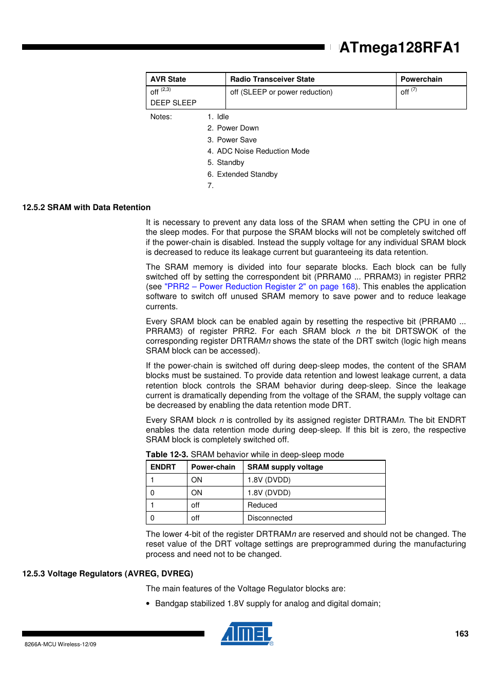 2 sram with data retention, 3 voltage regulators (avreg, dvreg), Sram with data retention" on | Atmega128rfa1 | Rainbow Electronics ATmega128RFA1 User Manual | Page 163 / 524