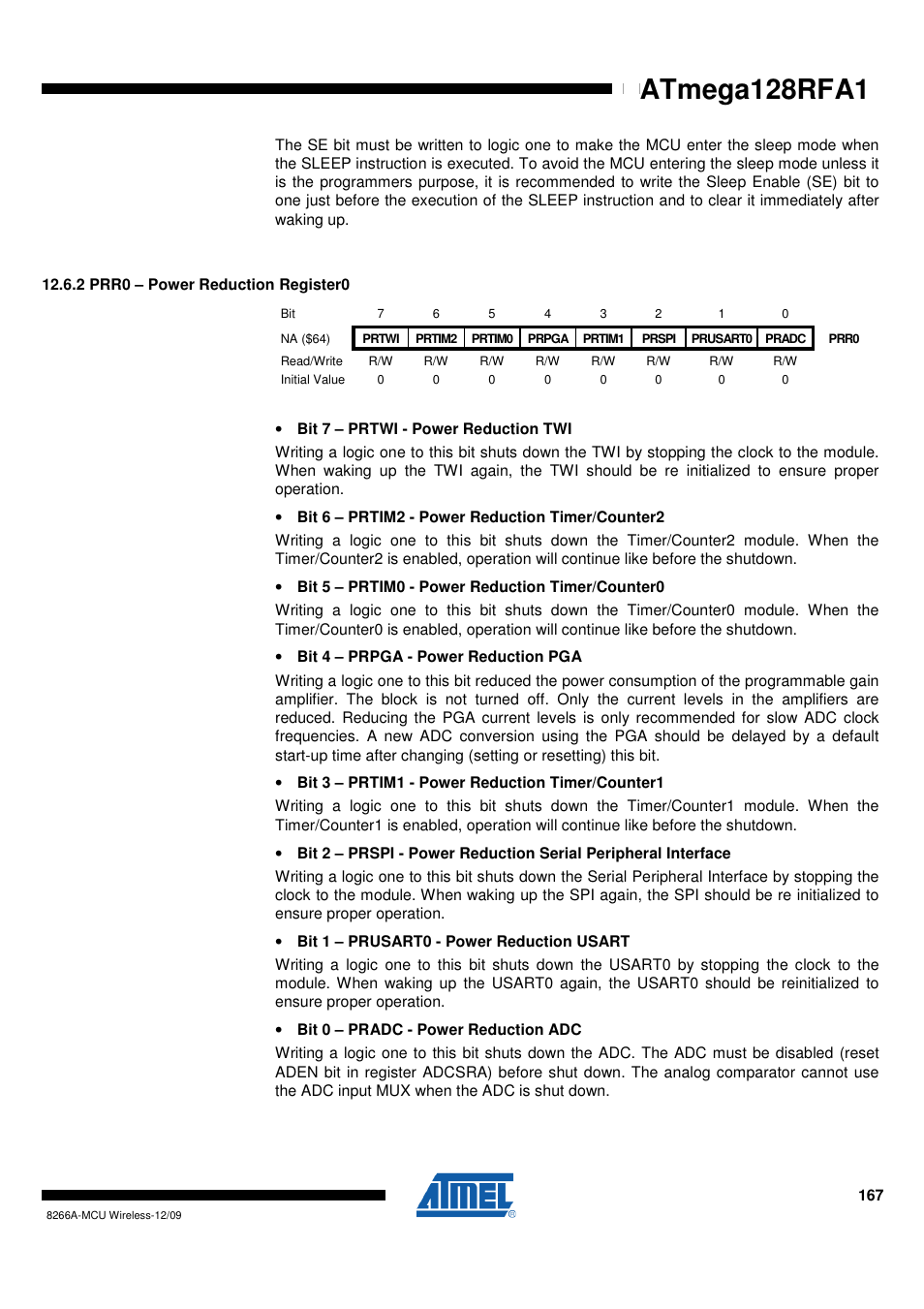 2 prr0 - power reduction register0, Prr0 – power reduction register0" on, Atmega128rfa1 | Rainbow Electronics ATmega128RFA1 User Manual | Page 167 / 524