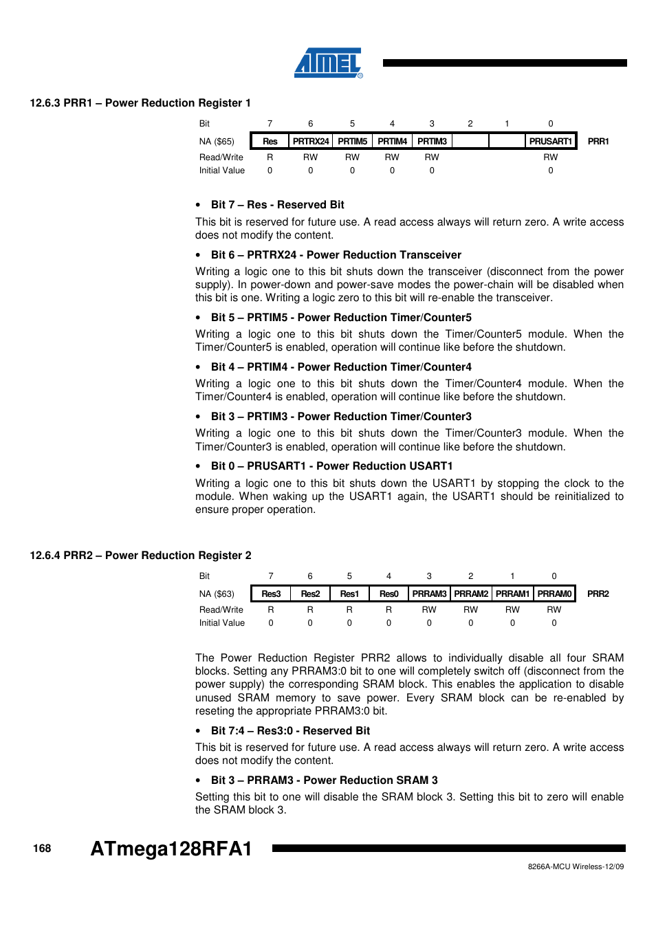 3 prr1 - power reduction register 1, 4 prr2 - power reduction register 2, Prr2 – power | Atmega128rfa1 | Rainbow Electronics ATmega128RFA1 User Manual | Page 168 / 524
