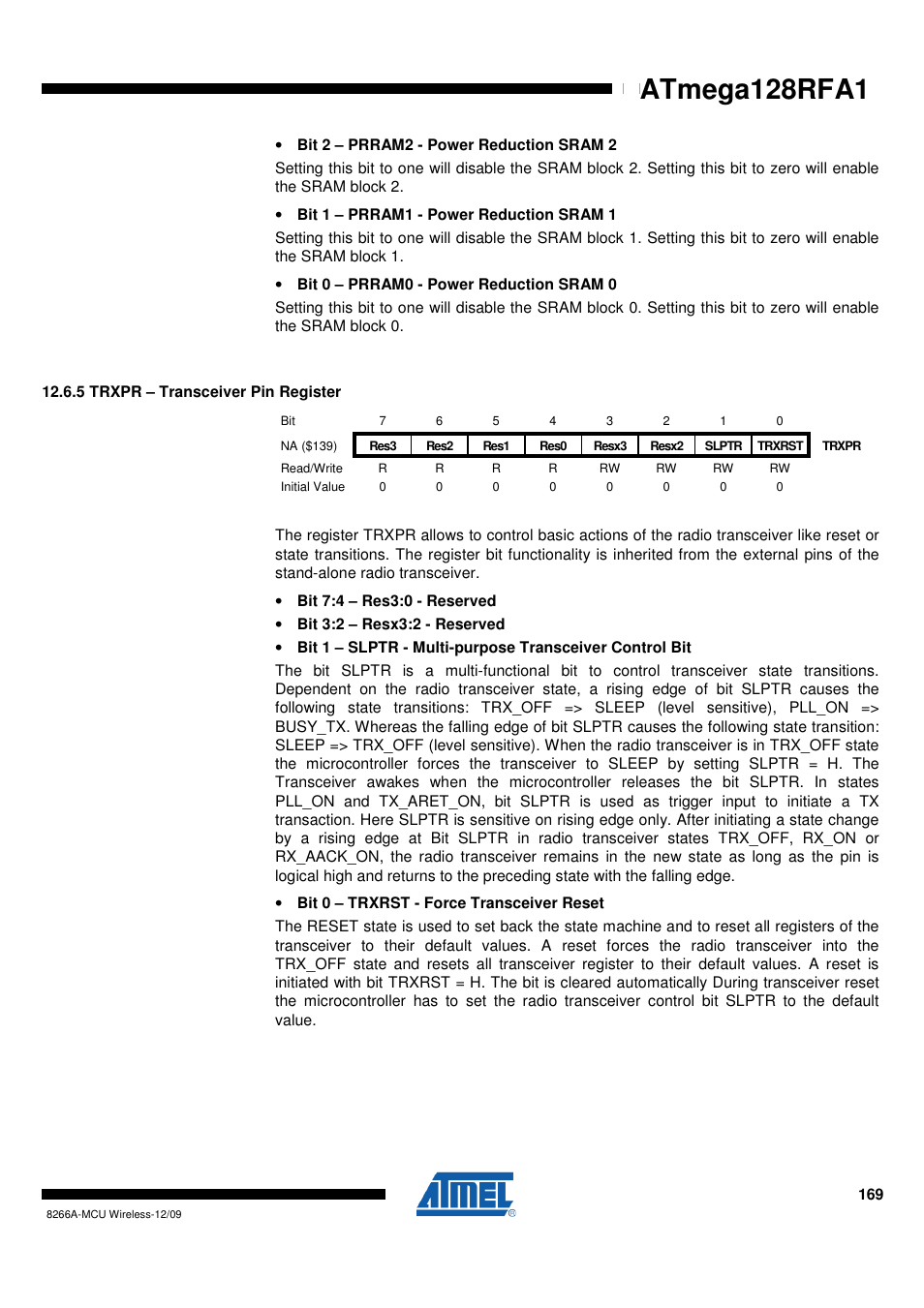 5 trxpr - transceiver pin register, Trxpr – transceiver pin, Trxpr | Atmega128rfa1 | Rainbow Electronics ATmega128RFA1 User Manual | Page 169 / 524