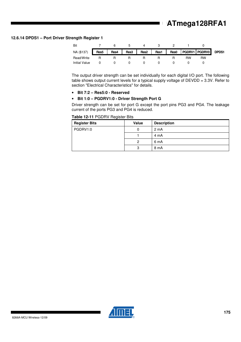 14 dpds1 - port driver strength register 1, Atmega128rfa1 | Rainbow Electronics ATmega128RFA1 User Manual | Page 175 / 524