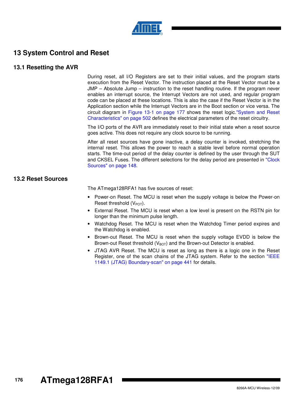 13 system control and reset, 1 resetting the avr, 2 reset sources | Rainbow Electronics ATmega128RFA1 User Manual | Page 176 / 524