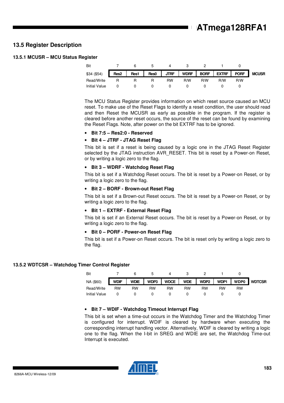 5 register description, 1 mcusr - mcu status register, 2 wdtcsr - watchdog timer control register | Atmega128rfa1 | Rainbow Electronics ATmega128RFA1 User Manual | Page 183 / 524