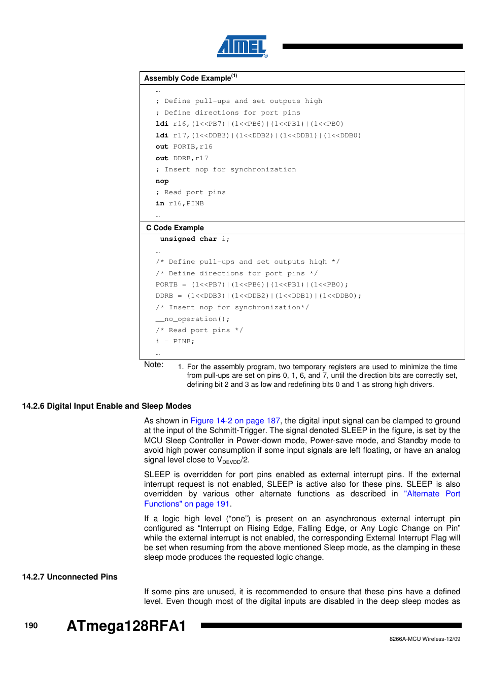 6 digital input enable and sleep modes, 7 unconnected pins, Atmega128rfa1 | Rainbow Electronics ATmega128RFA1 User Manual | Page 190 / 524