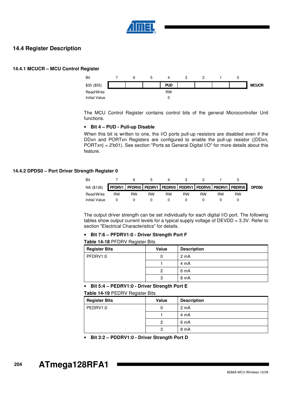 4 register description, 1 mcucr - mcu control register, 2 dpds0 - port driver strength register 0 | Atmega128rfa1 | Rainbow Electronics ATmega128RFA1 User Manual | Page 204 / 524