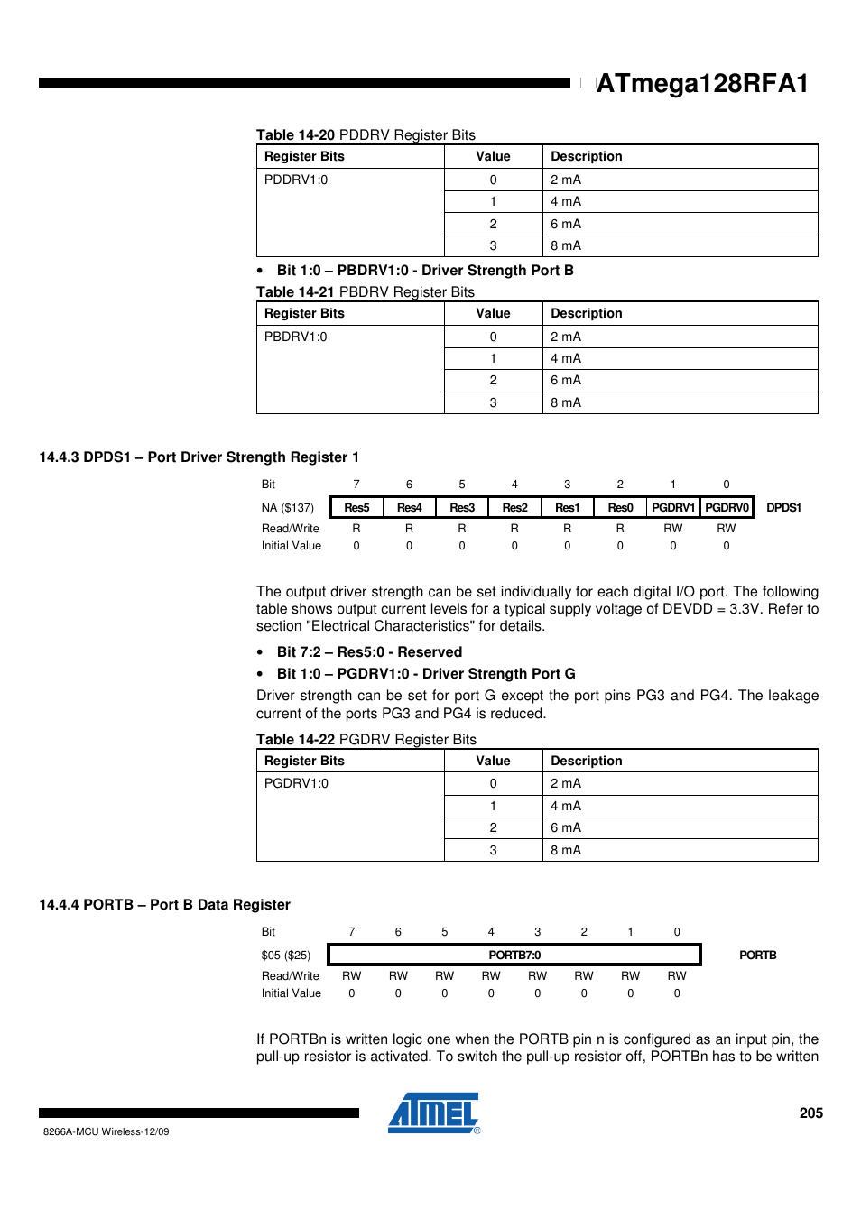 3 dpds1 - port driver strength register 1, 4 portb - port b data register, Atmega128rfa1 | Rainbow Electronics ATmega128RFA1 User Manual | Page 205 / 524