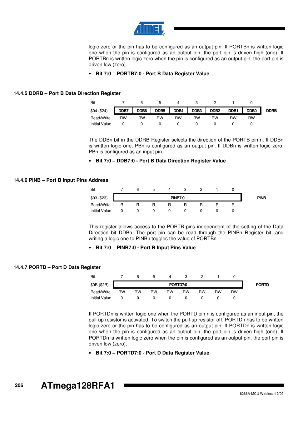 5 ddrb - port b data direction register, 6 pinb - port b input pins address, 7 portd - port d data register | Atmega128rfa1 | Rainbow Electronics ATmega128RFA1 User Manual | Page 206 / 524