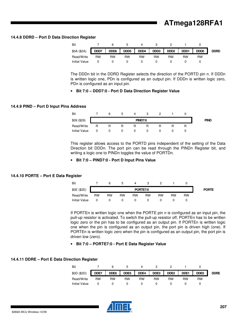 8 ddrd - port d data direction register, 9 pind - port d input pins address, 10 porte - port e data register | 11 ddre - port e data direction register, Atmega128rfa1 | Rainbow Electronics ATmega128RFA1 User Manual | Page 207 / 524