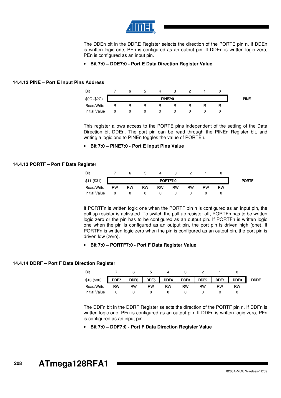 12 pine - port e input pins address, 13 portf - port f data register, 14 ddrf - port f data direction register | Atmega128rfa1 | Rainbow Electronics ATmega128RFA1 User Manual | Page 208 / 524