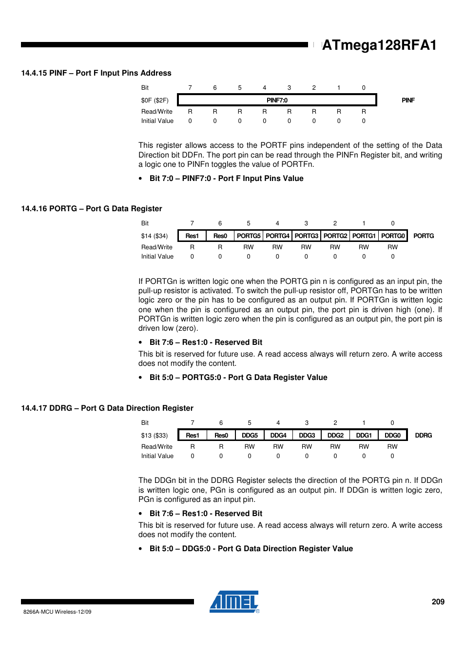 15 pinf - port f input pins address, 16 portg - port g data register, 17 ddrg - port g data direction register | Atmega128rfa1 | Rainbow Electronics ATmega128RFA1 User Manual | Page 209 / 524