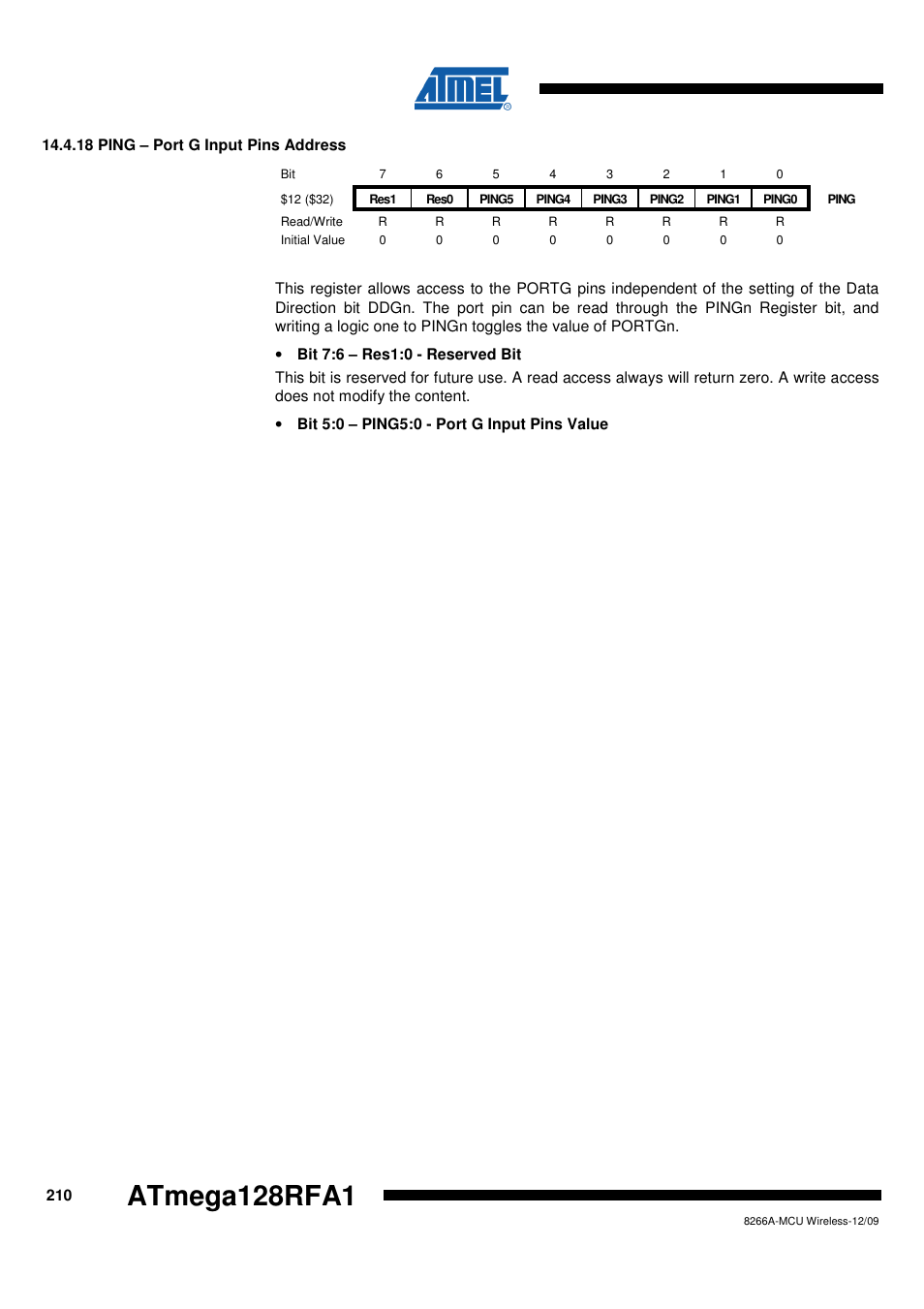 18 ping - port g input pins address, Atmega128rfa1 | Rainbow Electronics ATmega128RFA1 User Manual | Page 210 / 524