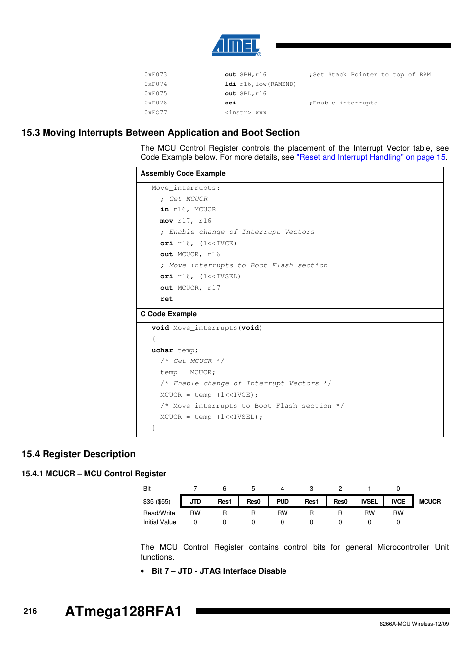 4 register description, 1 mcucr - mcu control register, Atmega128rfa1 | Rainbow Electronics ATmega128RFA1 User Manual | Page 216 / 524