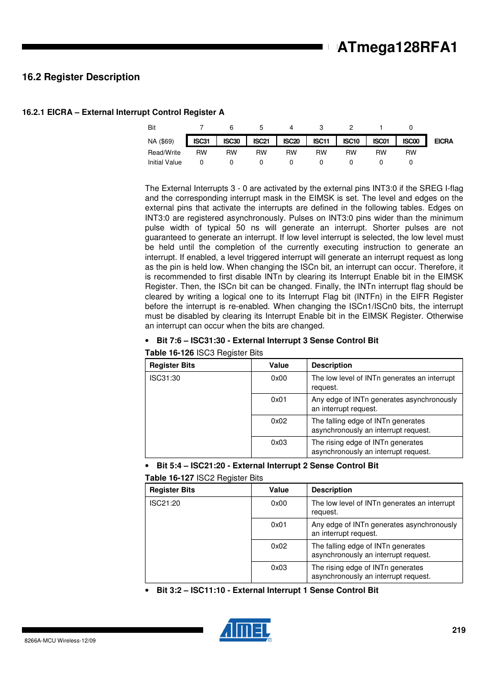 2 register description, 1 eicra - external interrupt control register a, Atmega128rfa1 | Rainbow Electronics ATmega128RFA1 User Manual | Page 219 / 524