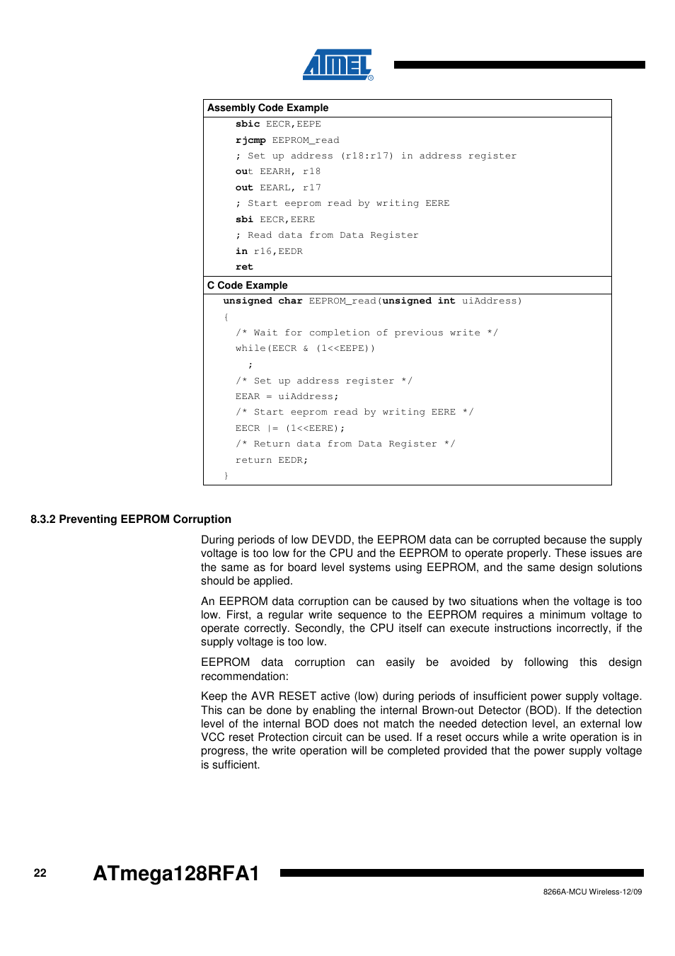 2 preventing eeprom corruption, Preventing eeprom | Rainbow Electronics ATmega128RFA1 User Manual | Page 22 / 524