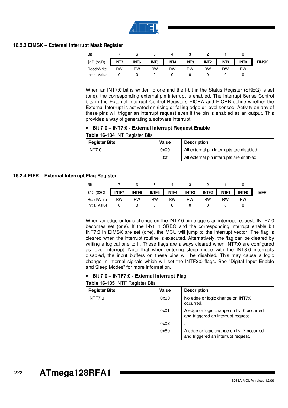 3 eimsk - external interrupt mask register, 4 eifr - external interrupt flag register, Atmega128rfa1 | Rainbow Electronics ATmega128RFA1 User Manual | Page 222 / 524