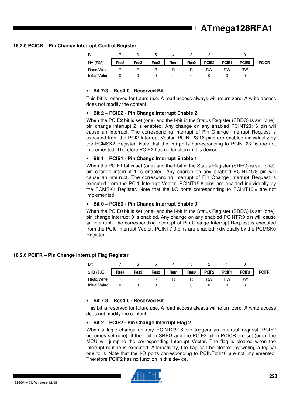 5 pcicr - pin change interrupt control register, 6 pcifr - pin change interrupt flag register, Atmega128rfa1 | Rainbow Electronics ATmega128RFA1 User Manual | Page 223 / 524