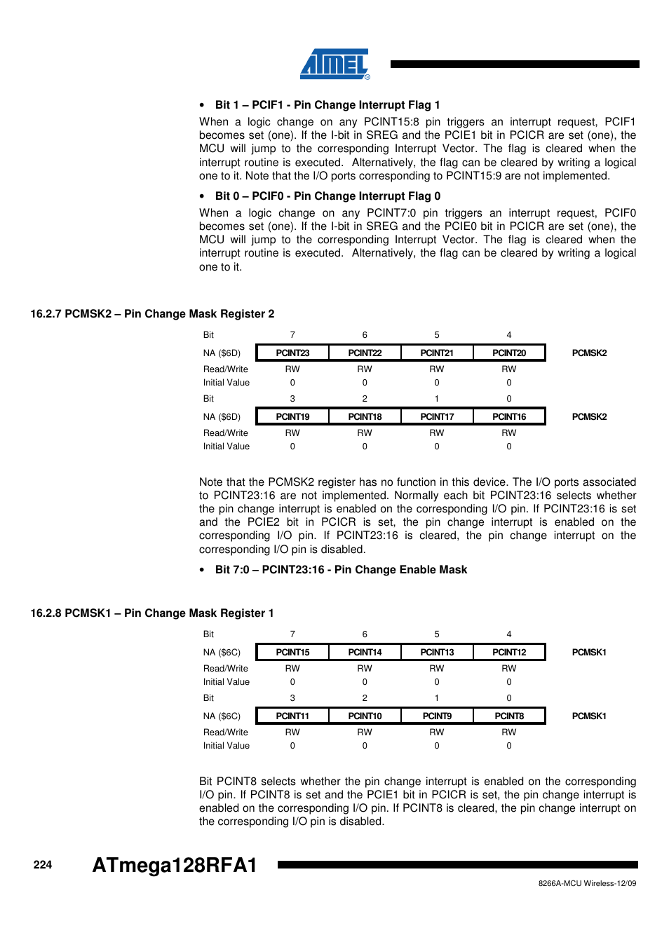 7 pcmsk2 - pin change mask register 2, 8 pcmsk1 - pin change mask register 1, Atmega128rfa1 | Rainbow Electronics ATmega128RFA1 User Manual | Page 224 / 524