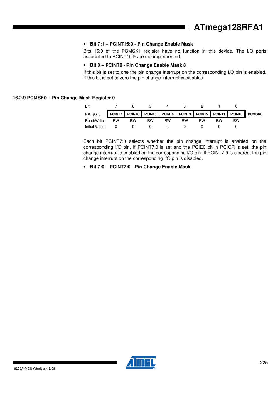 9 pcmsk0 - pin change mask register 0, Atmega128rfa1 | Rainbow Electronics ATmega128RFA1 User Manual | Page 225 / 524