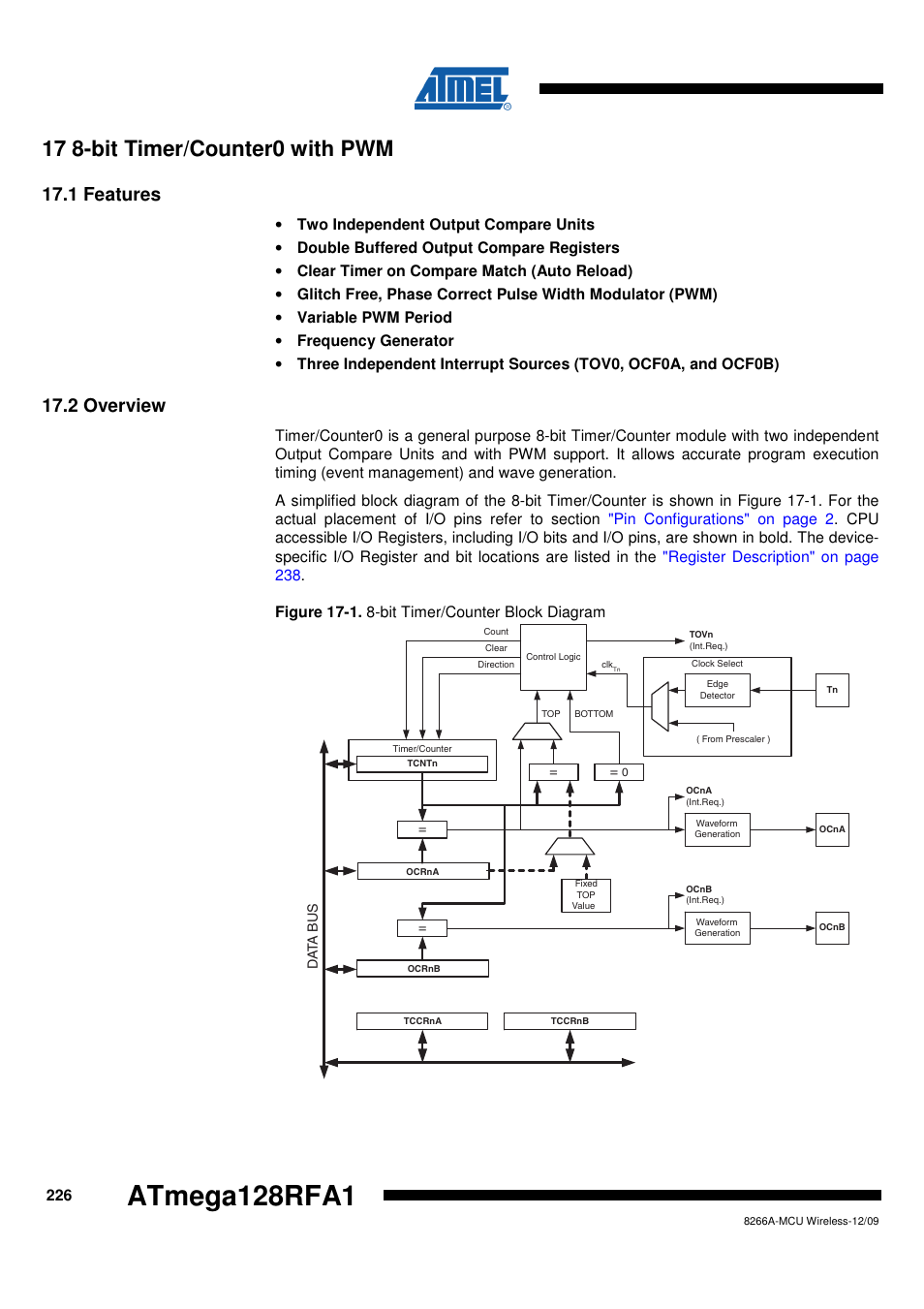 17 8-bit timer/counter0 with pwm, 1 features, 2 overview | Atmega128rfa1 | Rainbow Electronics ATmega128RFA1 User Manual | Page 226 / 524