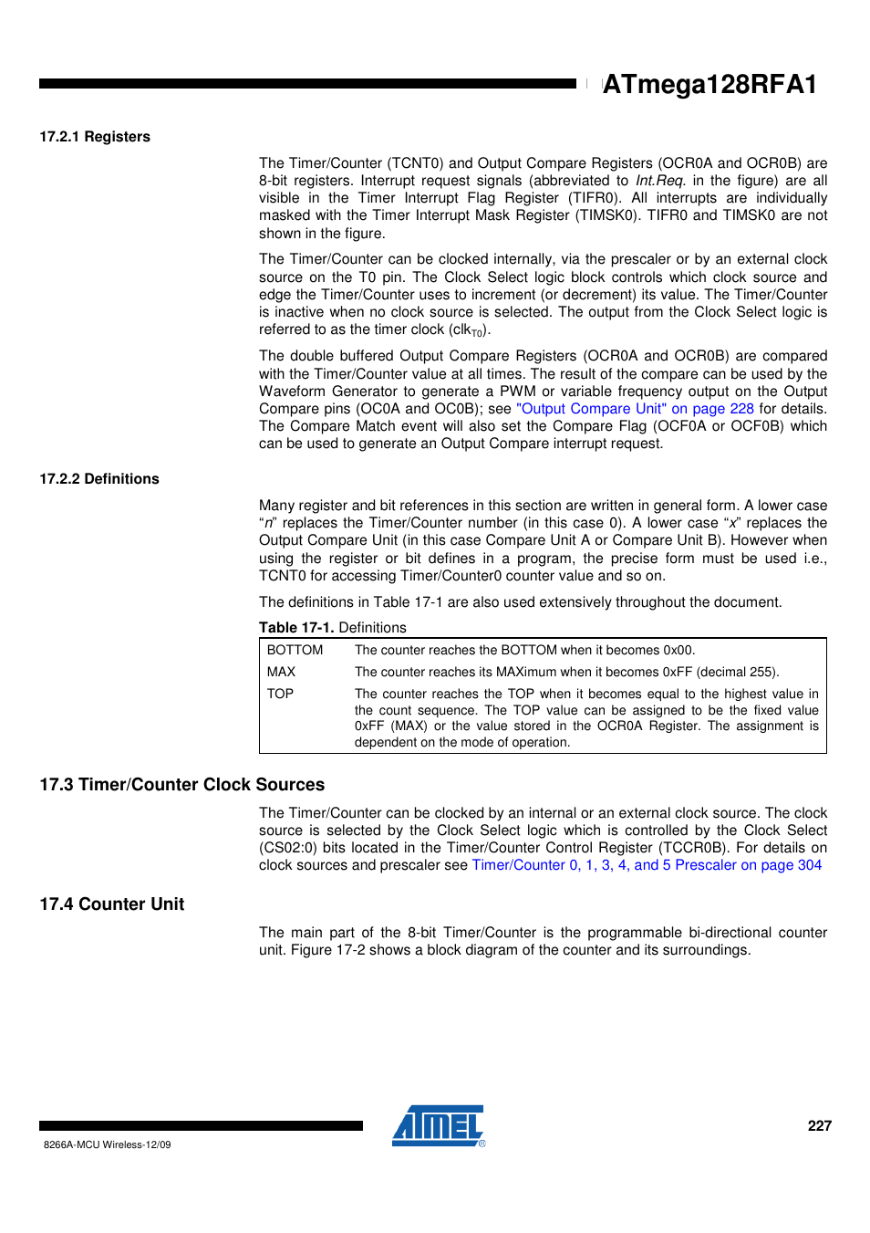 1 registers, 2 definitions, 3 timer/counter clock sources | 4 counter unit | Rainbow Electronics ATmega128RFA1 User Manual | Page 227 / 524