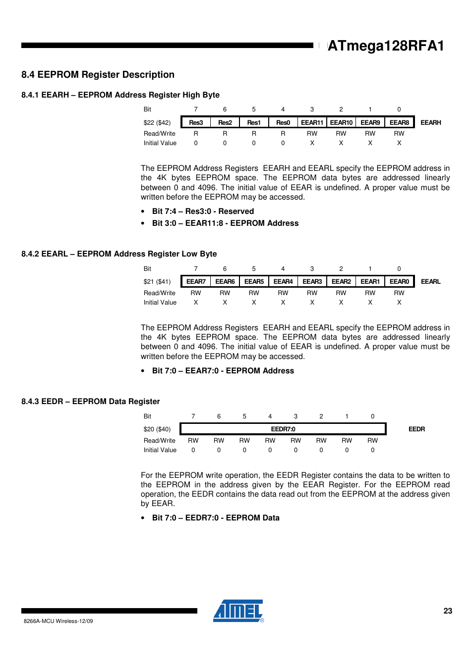 4 eeprom register description, 1 eearh - eeprom address register high byte, 2 eearl - eeprom address register low byte | 3 eedr - eeprom data register, Eeprom, Atmega128rfa1 | Rainbow Electronics ATmega128RFA1 User Manual | Page 23 / 524