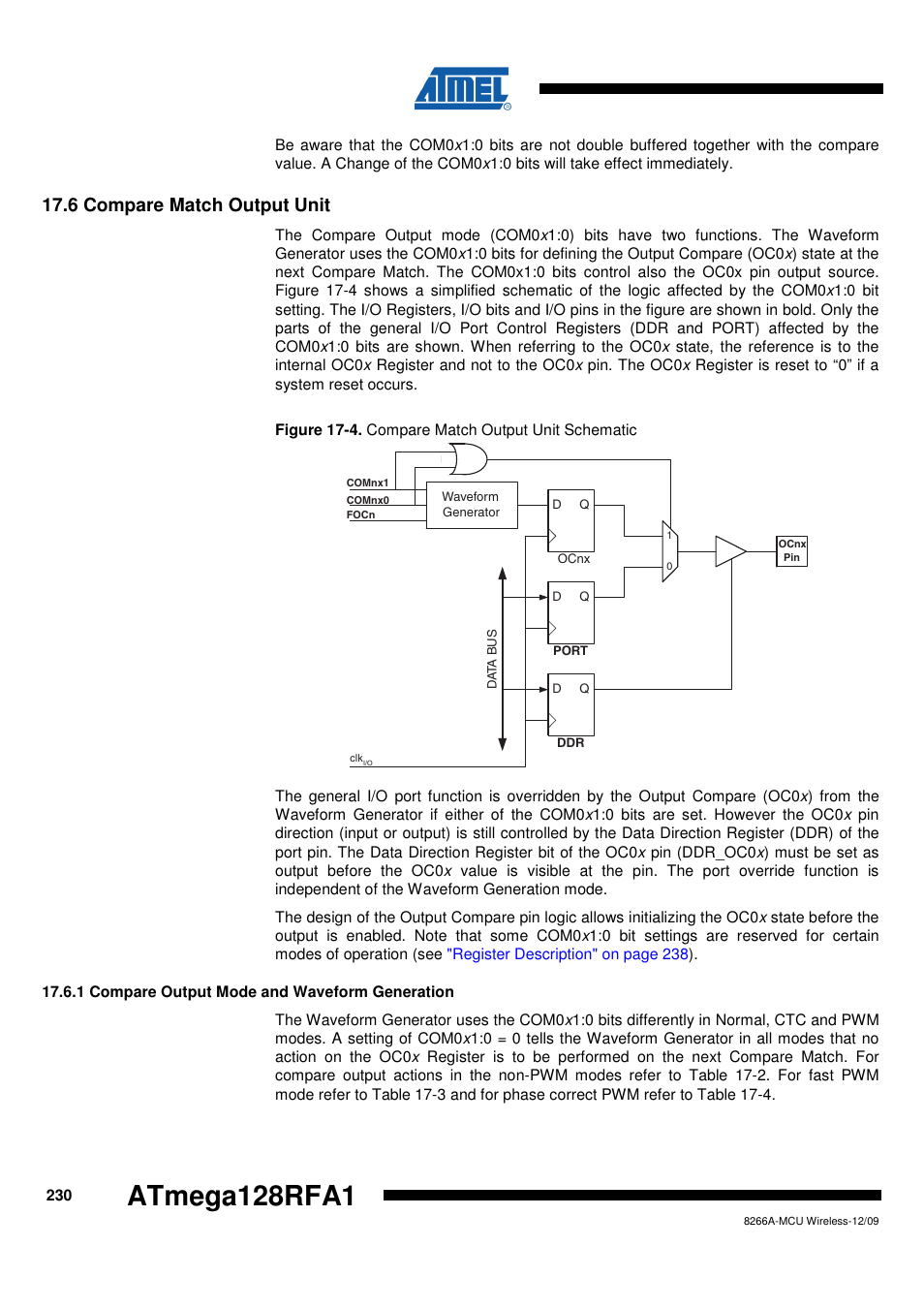 6 compare match output unit, 1 compare output mode and waveform generation, Atmega128rfa1 | Rainbow Electronics ATmega128RFA1 User Manual | Page 230 / 524