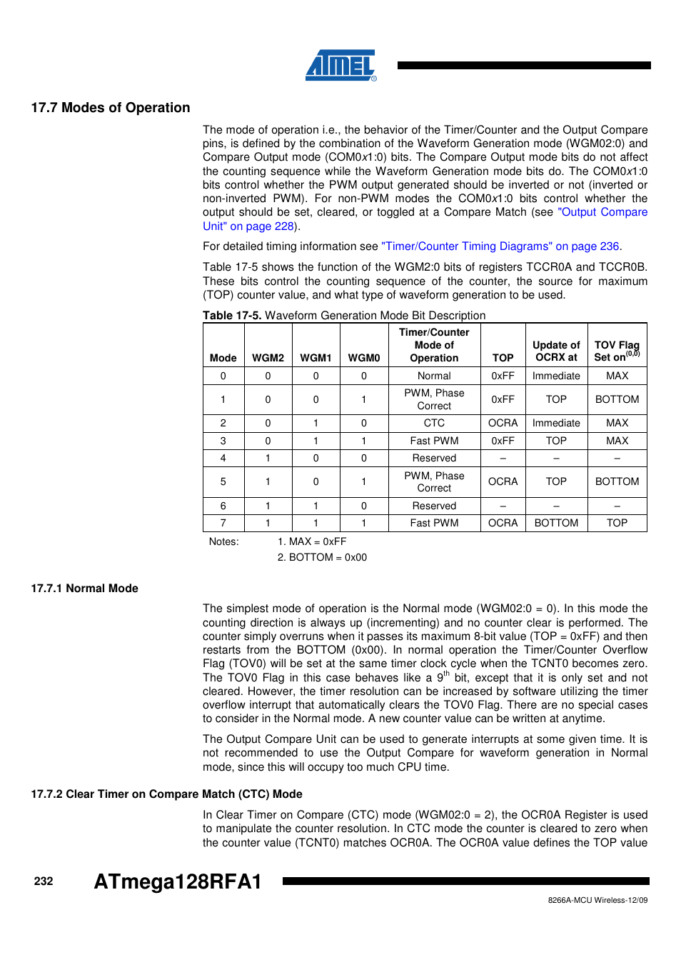 7 modes of operation, 1 normal mode, 2 clear timer on compare match (ctc) mode | Modes of, Atmega128rfa1 | Rainbow Electronics ATmega128RFA1 User Manual | Page 232 / 524