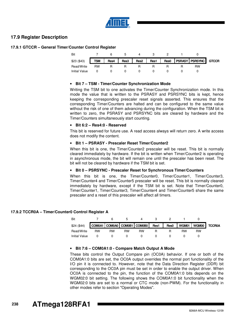9 register description, 1 gtccr - general timer/counter control register, 2 tccr0a - timer/counter0 control register a | Atmega128rfa1 | Rainbow Electronics ATmega128RFA1 User Manual | Page 238 / 524